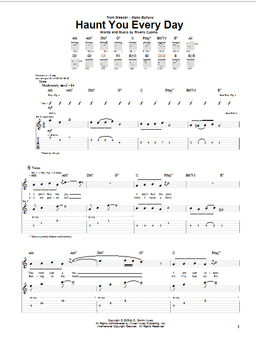 Weezer Haunt You Every Day Sheet Music Notes & Chords for Guitar Tab - Download or Print PDF