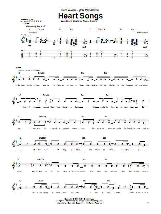 Weezer Heart Songs Sheet Music Notes & Chords for Guitar Tab - Download or Print PDF