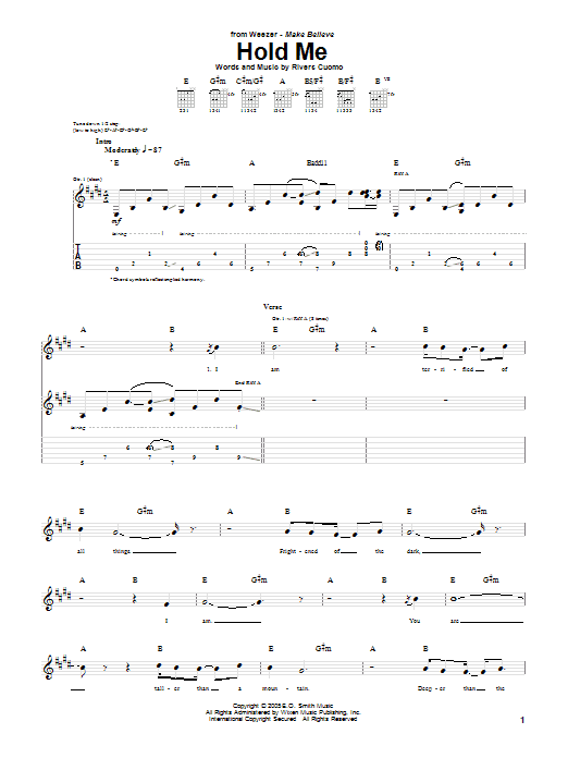 Weezer Hold Me Sheet Music Notes & Chords for Guitar Tab - Download or Print PDF