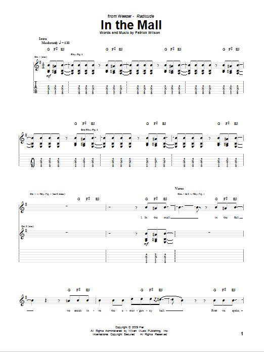 Weezer In The Mall Sheet Music Notes & Chords for Guitar Tab - Download or Print PDF