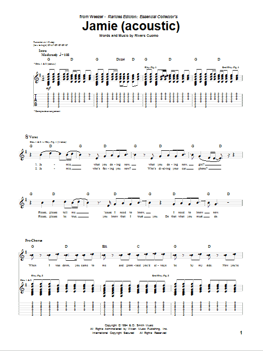 Weezer Jamie (Acoustic Version) Sheet Music Notes & Chords for Guitar Tab - Download or Print PDF Weezer Jamie (Acoustic Version) Sheet Music Notes & Chords for Guitar Tab - Download or Print PDF
