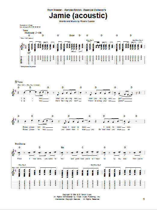 Weezer Jamie (Acoustic Version) Sheet Music Notes & Chords for Guitar Tab - Download or Print PDF