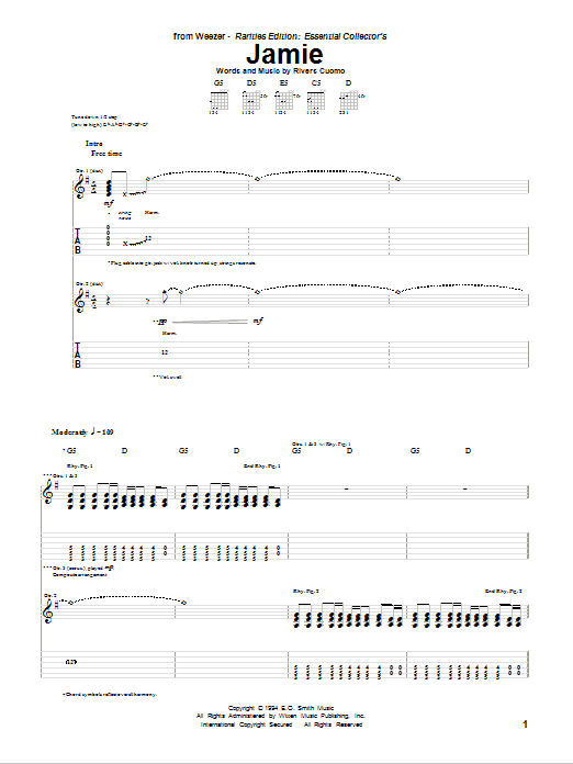 Weezer Jamie Sheet Music Notes & Chords for Guitar Tab - Download or Print PDF