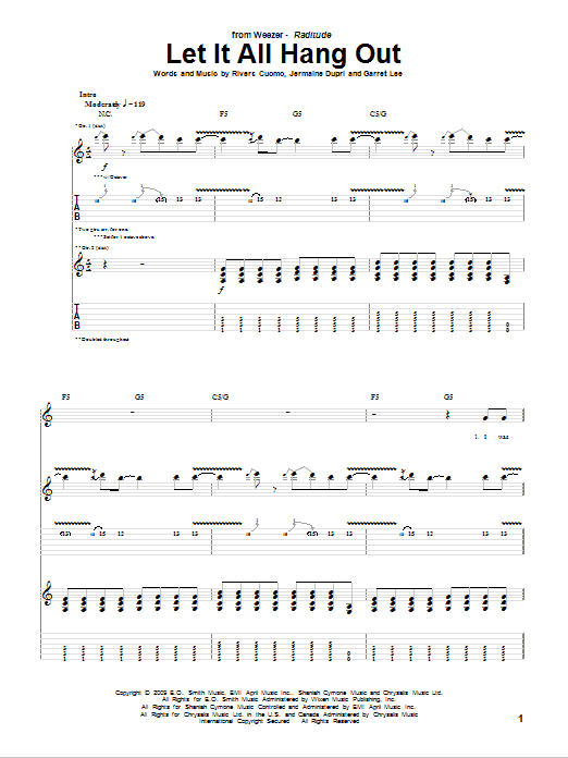 Weezer Let It All Hang Out Sheet Music Notes & Chords for Guitar Tab - Download or Print PDF