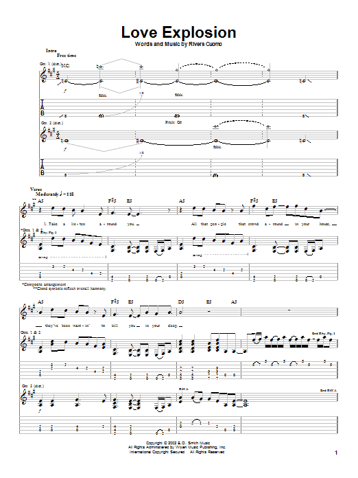Weezer Love Explosion Sheet Music Notes & Chords for Guitar Tab - Download or Print PDF