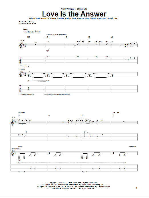 Weezer Love Is The Answer Sheet Music Notes & Chords for Guitar Tab - Download or Print PDF