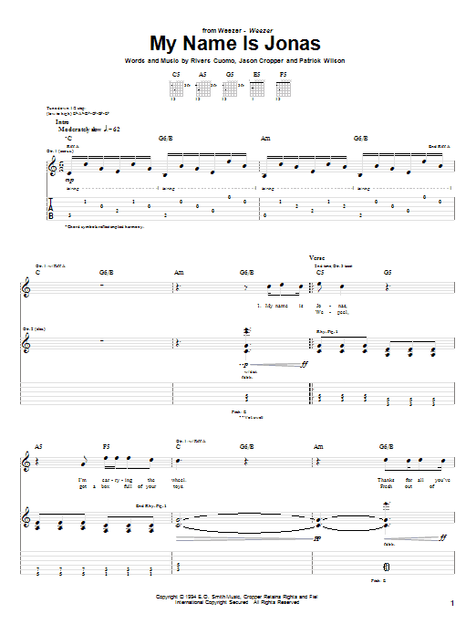 Weezer My Name Is Jonas Sheet Music Notes & Chords for Guitar Lead Sheet - Download or Print PDF
