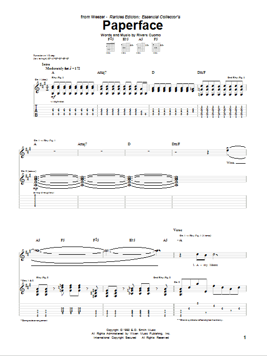 Weezer Paperface Sheet Music Notes & Chords for Guitar Tab - Download or Print PDF