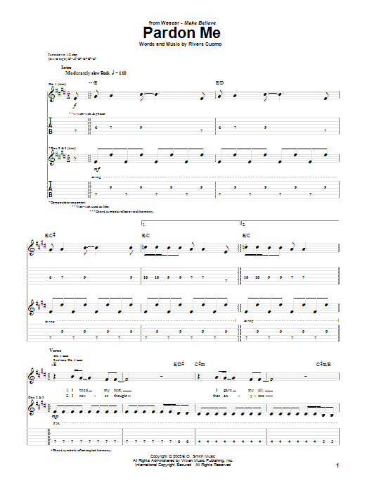 Weezer Pardon Me Sheet Music Notes & Chords for Guitar Tab - Download or Print PDF