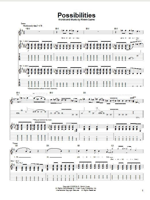 Weezer Possibilities Sheet Music Notes & Chords for Guitar Tab - Download or Print PDF