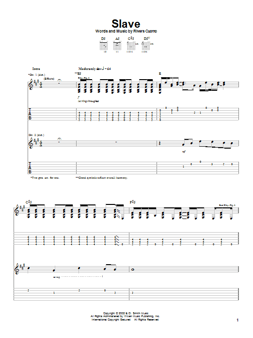 Weezer Slave Sheet Music Notes & Chords for Guitar Tab - Download or Print PDF