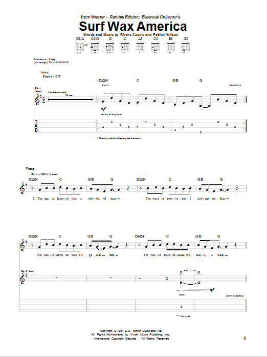 Weezer Surf Wax America Sheet Music Notes & Chords for Guitar Tab - Download or Print PDF