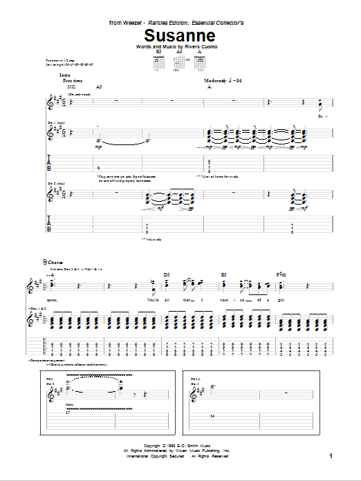 Weezer Susanne Sheet Music Notes & Chords for Guitar Tab - Download or Print PDF