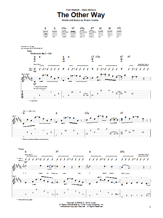 Weezer The Other Way Sheet Music Notes & Chords for Guitar Tab - Download or Print PDF