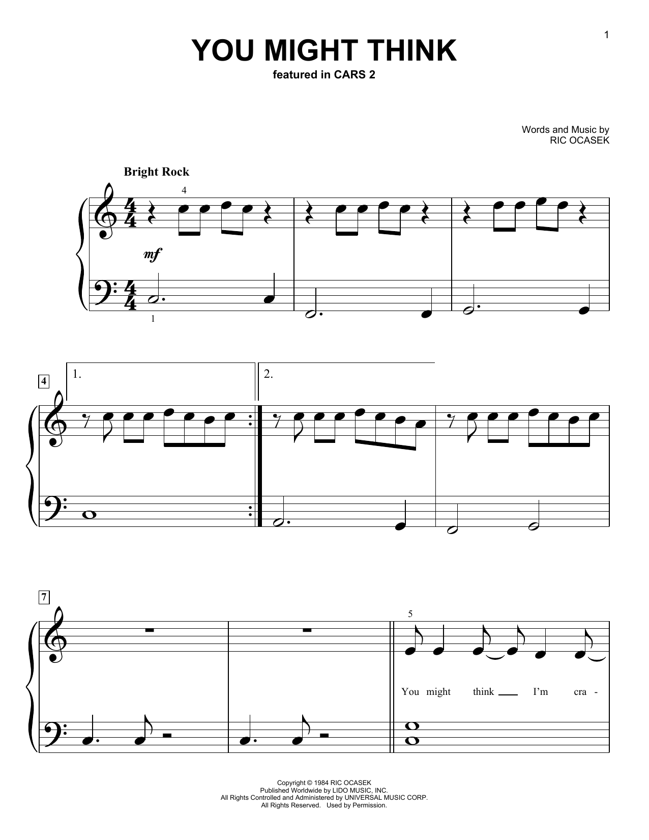 Weezer You Might Think (from Cars 2) Sheet Music Notes & Chords for Big Note Piano - Download or Print PDF