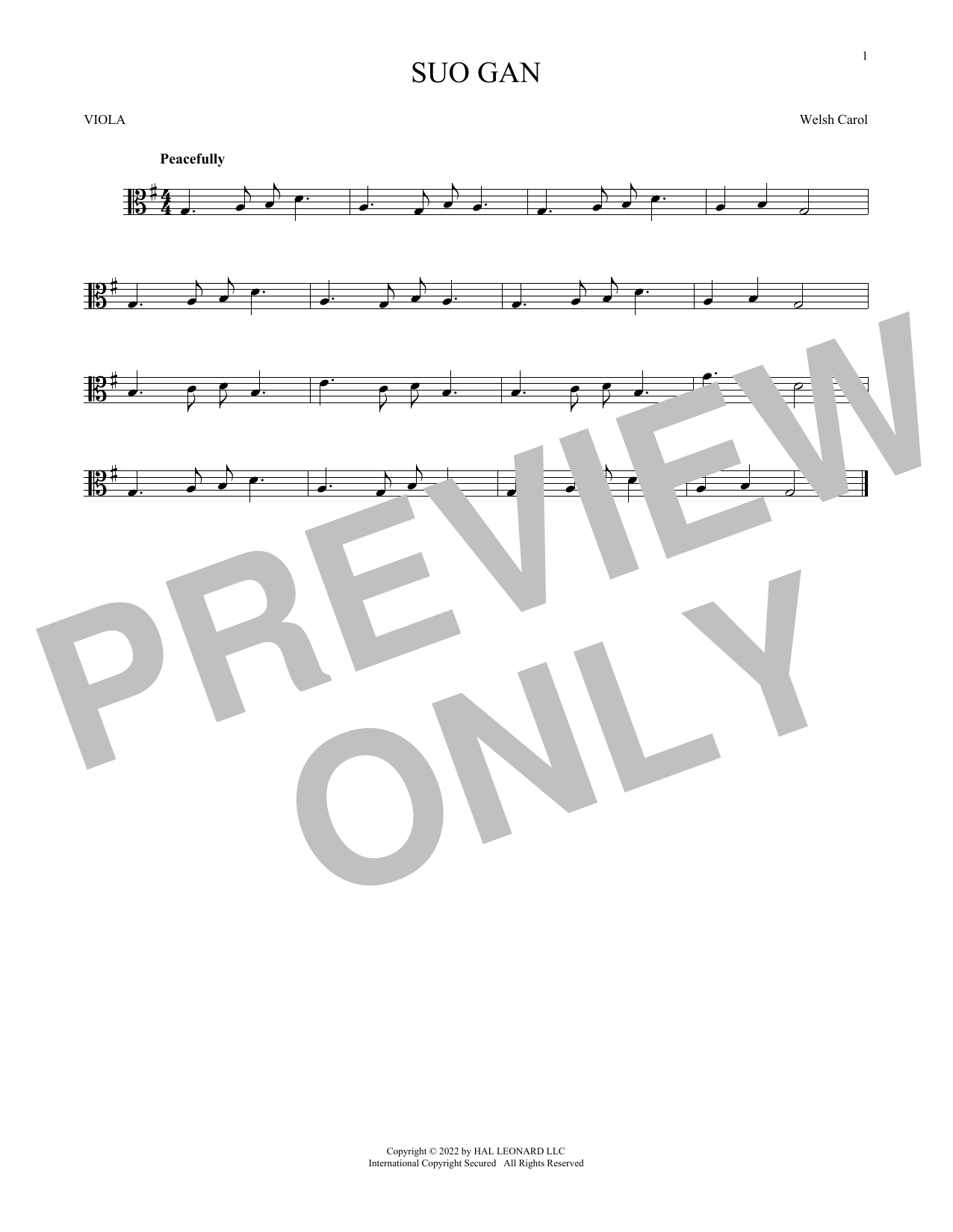 Welsh carol Suo Gan Sheet Music Notes & Chords for Viola Solo - Download or Print PDF