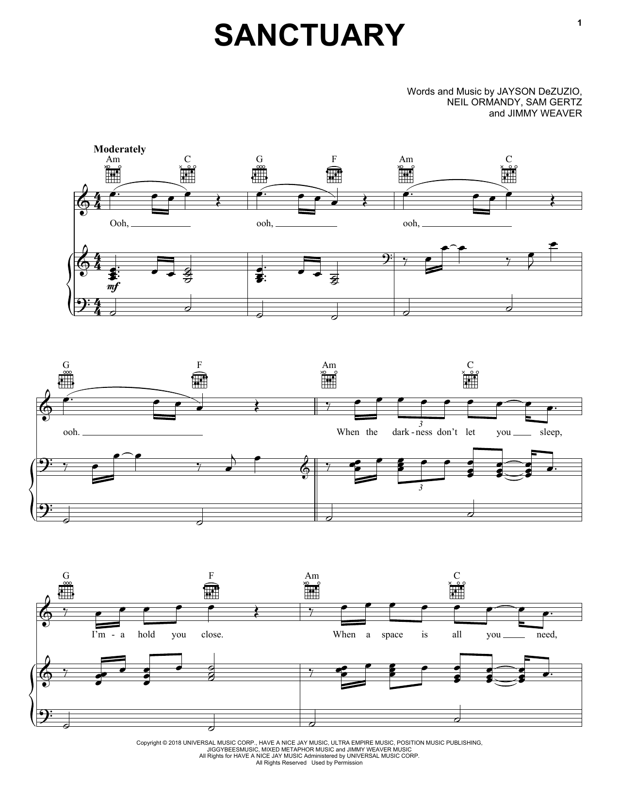 Welshly Arms Sanctuary Sheet Music Notes & Chords for Piano, Vocal & Guitar (Right-Hand Melody) - Download or Print PDF