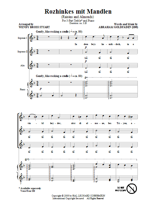 Wendy Bross Stuart Rozhinkes Mit Mandlen (Raisins And Almonds) Sheet Music Notes & Chords for 3-Part Treble - Download or Print PDF