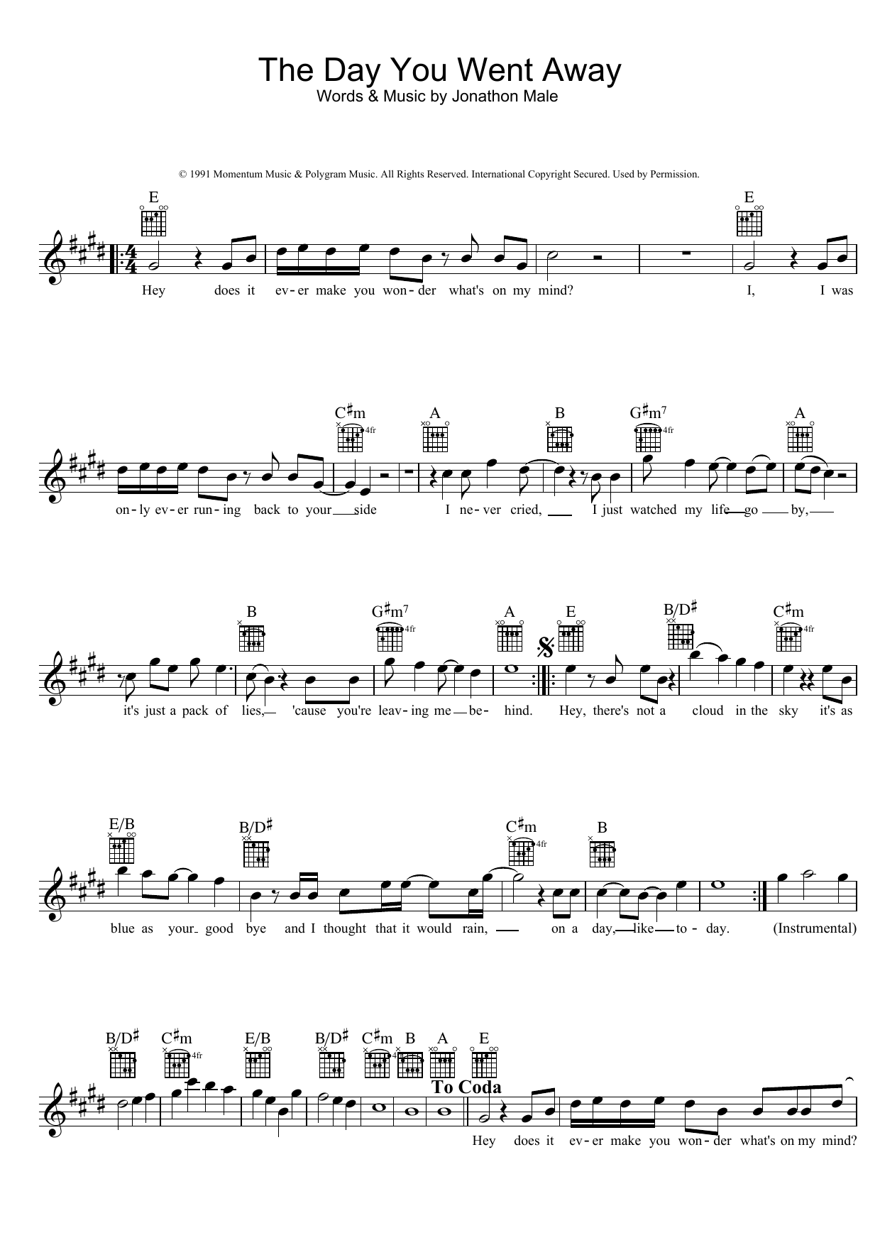 Wendy Matthews The Day You Went Away Sheet Music Notes & Chords for Melody Line, Lyrics & Chords - Download or Print PDF