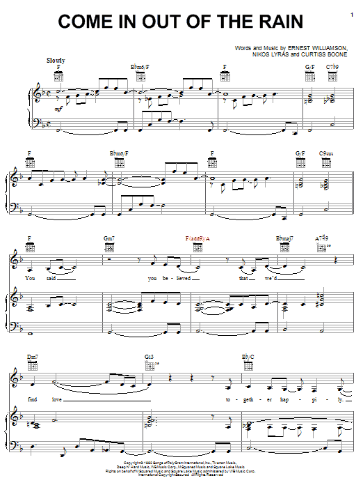 Wendy Moten Come In Out Of The Rain Sheet Music Notes & Chords for Piano, Vocal & Guitar (Right-Hand Melody) - Download or Print PDF