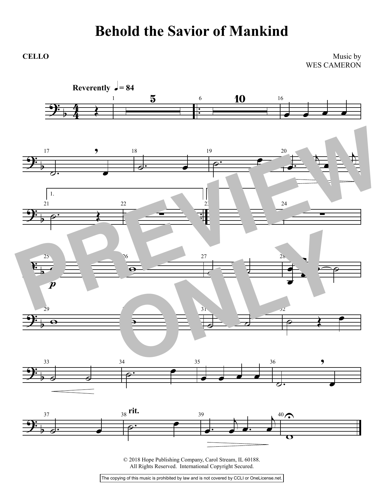 Wes Cameron Behold the Savior of Mankind - Cello Sheet Music Notes & Chords for Choir Instrumental Pak - Download or Print PDF