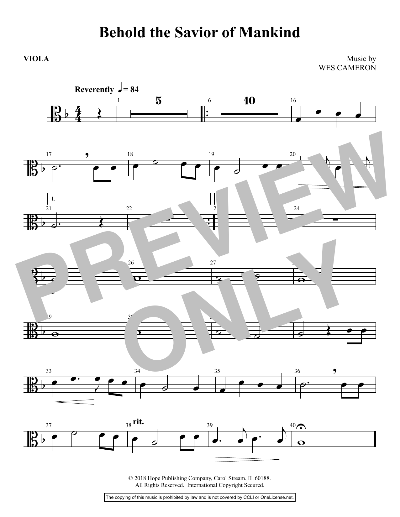 Wes Cameron Behold the Savior of Mankind - Viola Sheet Music Notes & Chords for Choir Instrumental Pak - Download or Print PDF