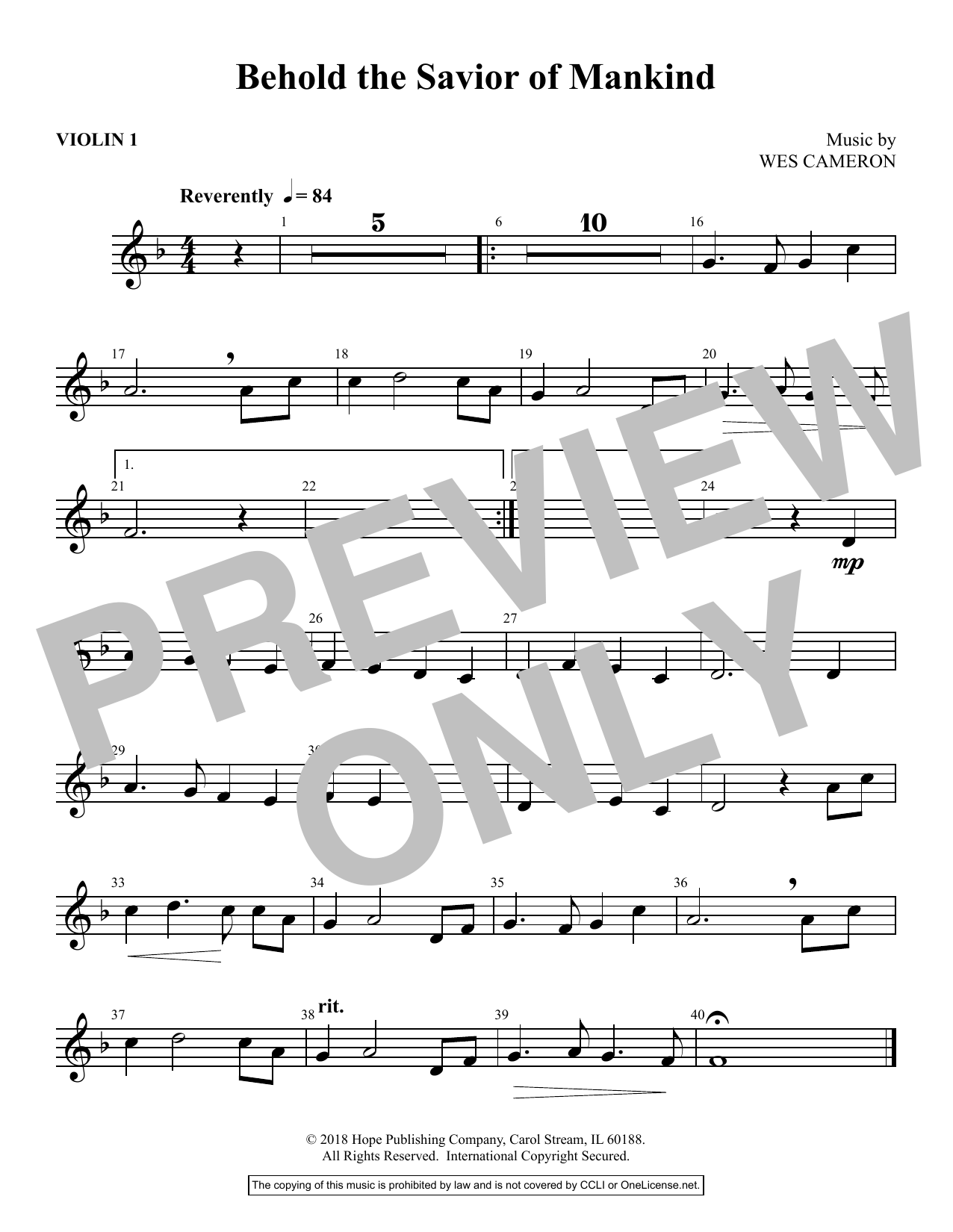 Wes Cameron Behold the Savior of Mankind - Violin 1 Sheet Music Notes & Chords for Choir Instrumental Pak - Download or Print PDF