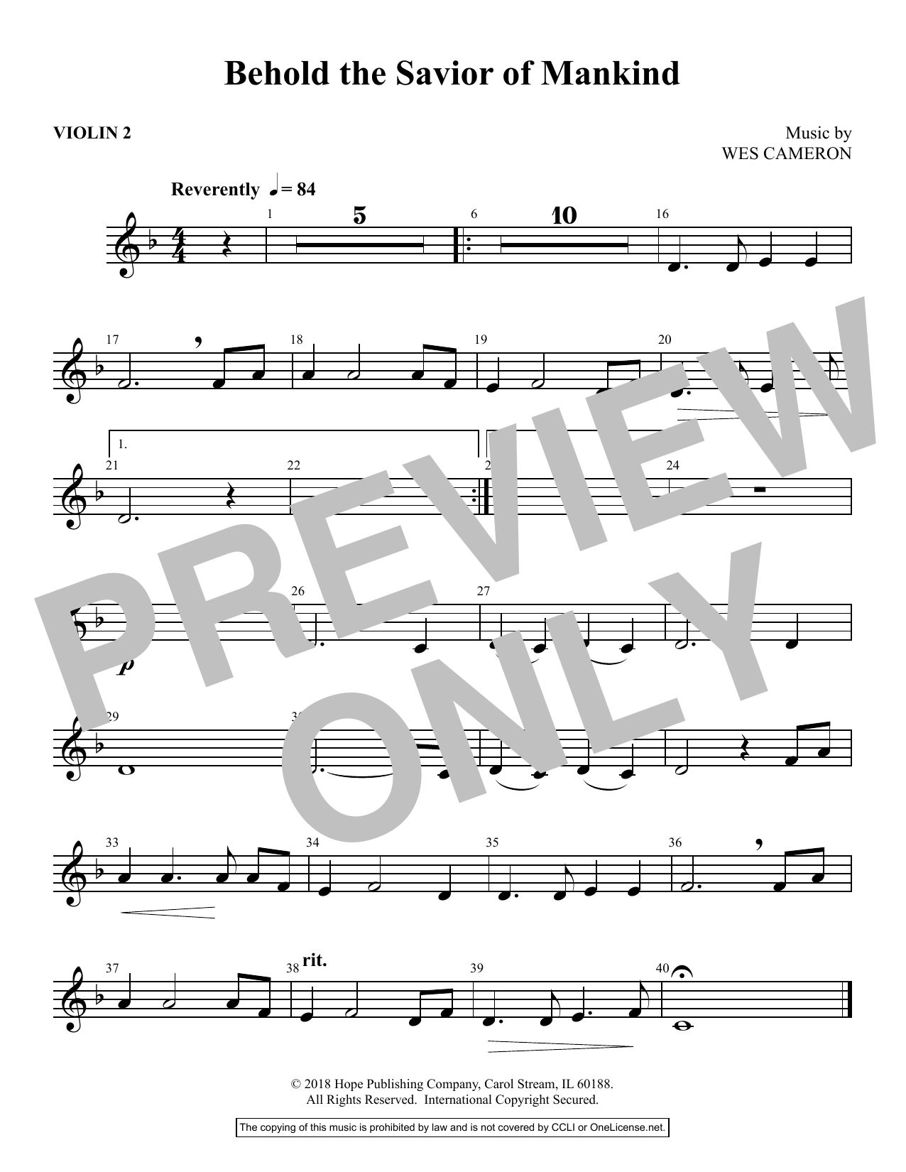 Wes Cameron Behold the Savior of Mankind - Violin 2 Sheet Music Notes & Chords for Choir Instrumental Pak - Download or Print PDF