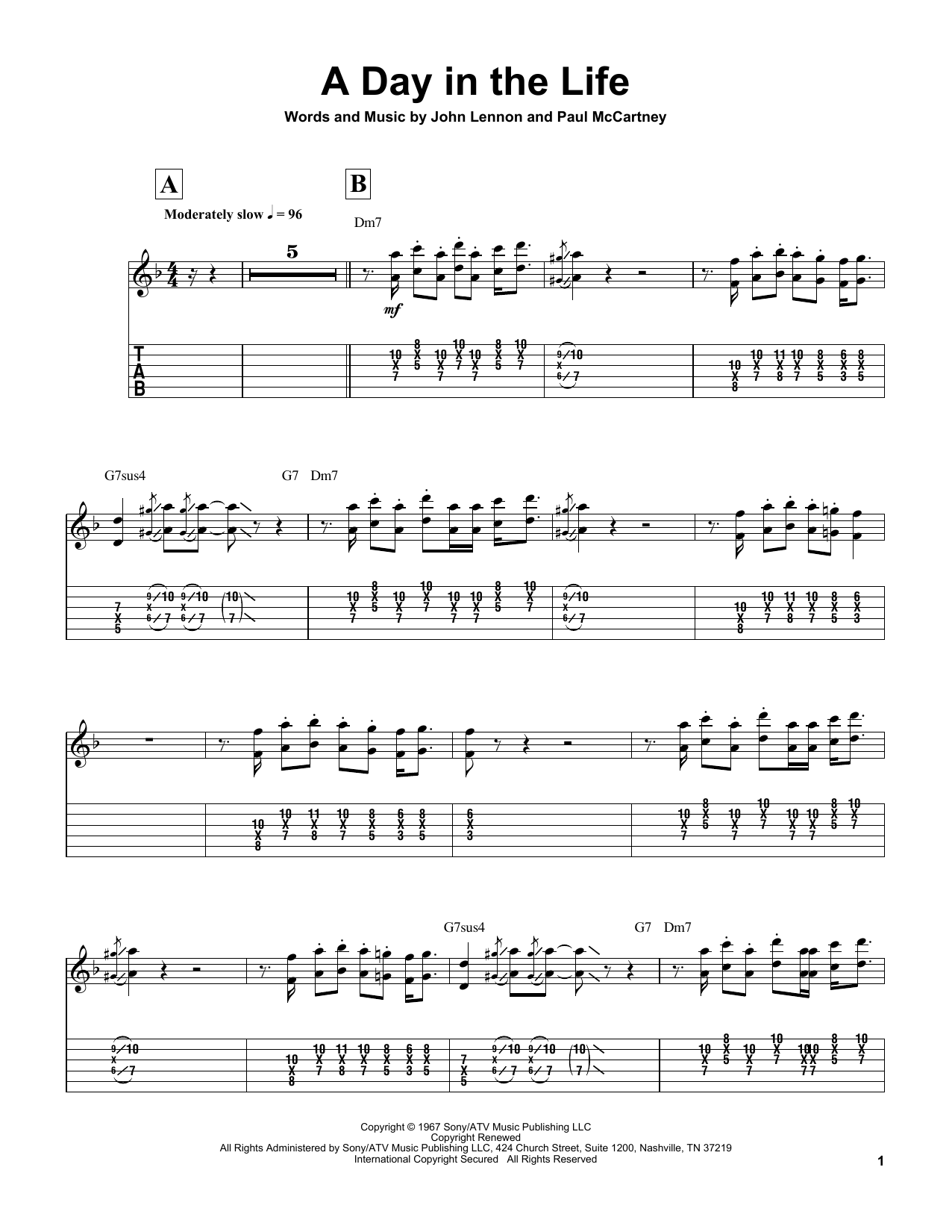 The Beatles A Day In The Life Sheet Music Notes & Chords for Guitar Tab Play-Along - Download or Print PDF