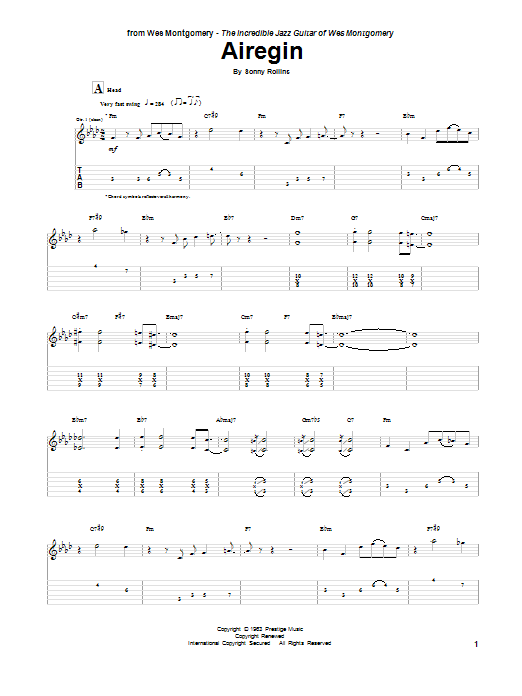 Wes Montgomery Airegin Sheet Music Notes & Chords for Electric Guitar Transcription - Download or Print PDF