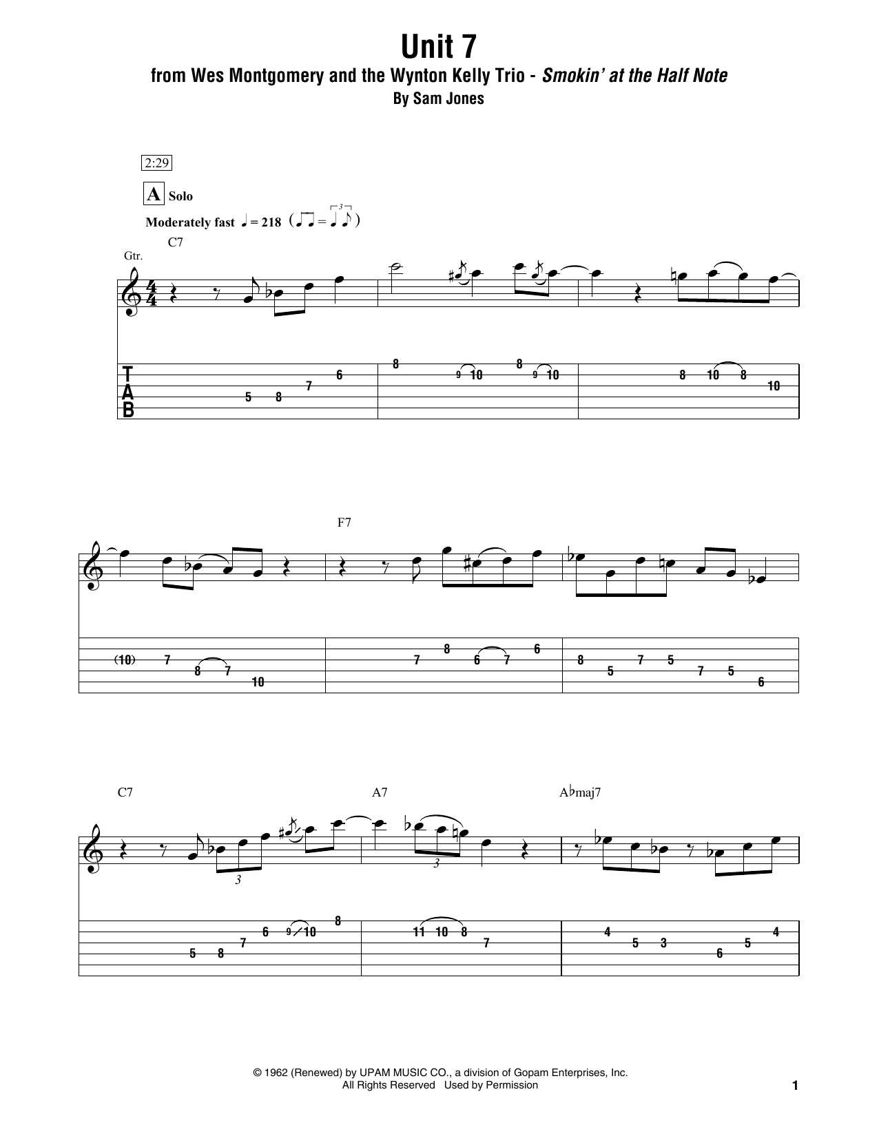 Wes Montgomery and the Wynton Kelly Trio Unit 7 Sheet Music Notes & Chords for Electric Guitar Transcription - Download or Print PDF