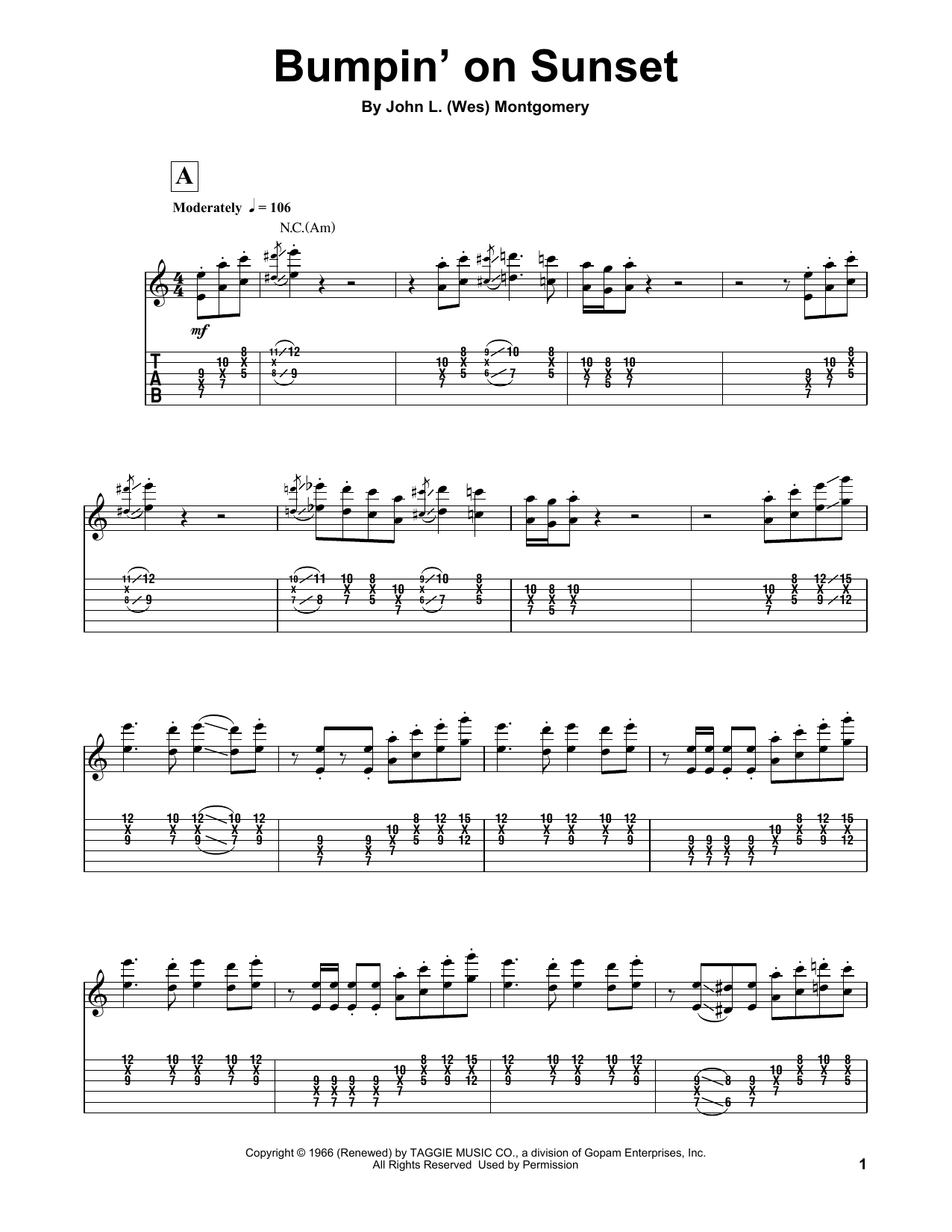 Wes Montgomery Bumpin' On Sunset Sheet Music Notes & Chords for Guitar Tab Play-Along - Download or Print PDF