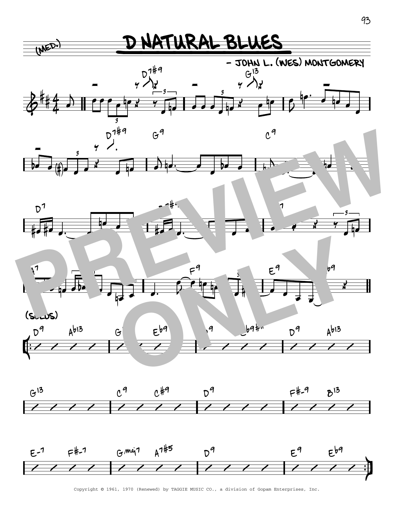Wes Montgomery D Natural Blues [Reharmonized version] (arr. Jack Grassel) Sheet Music Notes & Chords for Real Book – Melody & Chords - Download or Print PDF