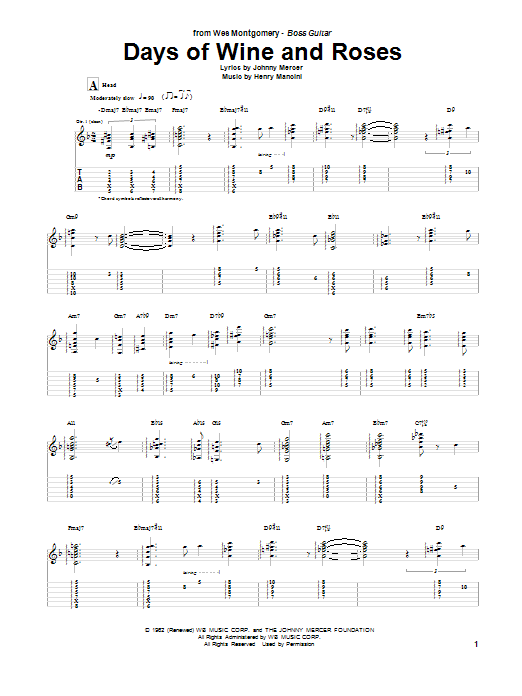 Wes Montgomery Days Of Wine And Roses Sheet Music Notes & Chords for Guitar Tab - Download or Print PDF