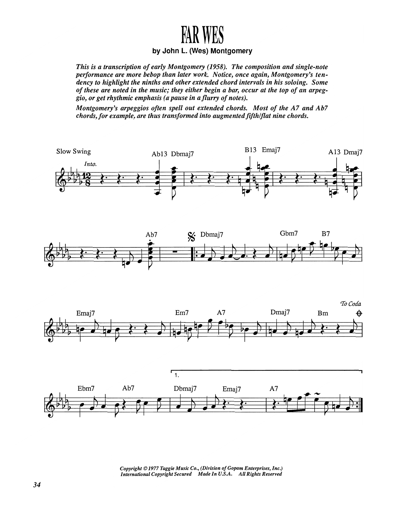 Wes Montgomery Far Wes Sheet Music Notes & Chords for Electric Guitar Transcription - Download or Print PDF Wes Montgomery Far Wes Sheet Music Notes & Chords for Electric Guitar Transcription - Download or Print PDF