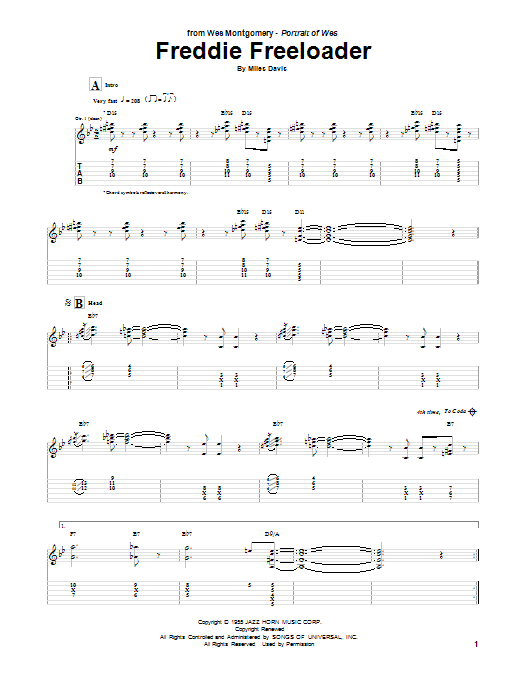 Wes Montgomery Freddie Freeloader Sheet Music Notes & Chords for Guitar Tab - Download or Print PDF