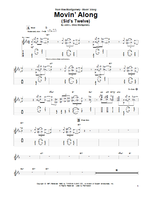 Wes Montgomery Movin' Along (Sid's Twelve) Sheet Music Notes & Chords for Real Book – Melody & Chords - Download or Print PDF