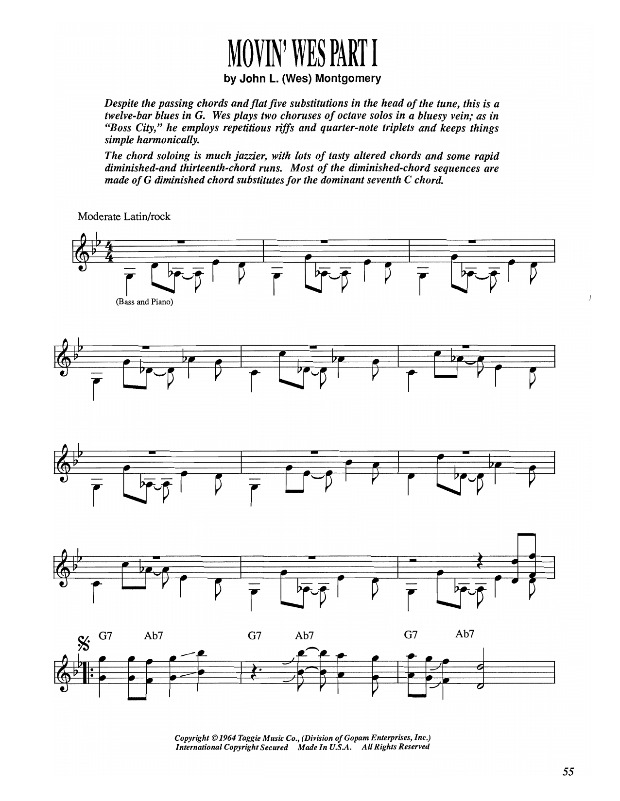 Wes Montgomery Movin' Wes Part I Sheet Music Notes & Chords for Electric Guitar Transcription - Download or Print PDF Wes Montgomery Movin' Wes Part I Sheet Music Notes & Chords for Electric Guitar Transcription - Download or Print PDF
