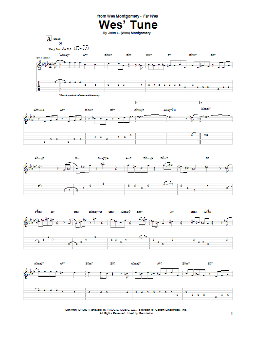 Wes Montgomery Wes' Tune Sheet Music Notes & Chords for Guitar Tab - Download or Print PDF