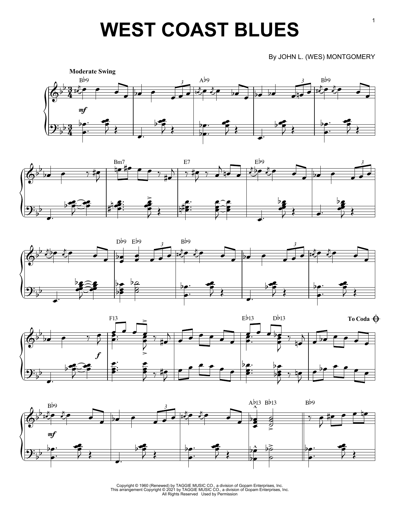 Wes Montgomery West Coast Blues [Jazz version] (arr. Brent Edstrom) Sheet Music Notes & Chords for Piano Solo - Download or Print PDF