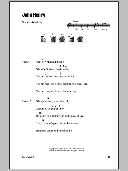 West Virginia Folksong John Henry Sheet Music Notes & Chords for Real Book – Melody, Lyrics & Chords - Download or Print PDF