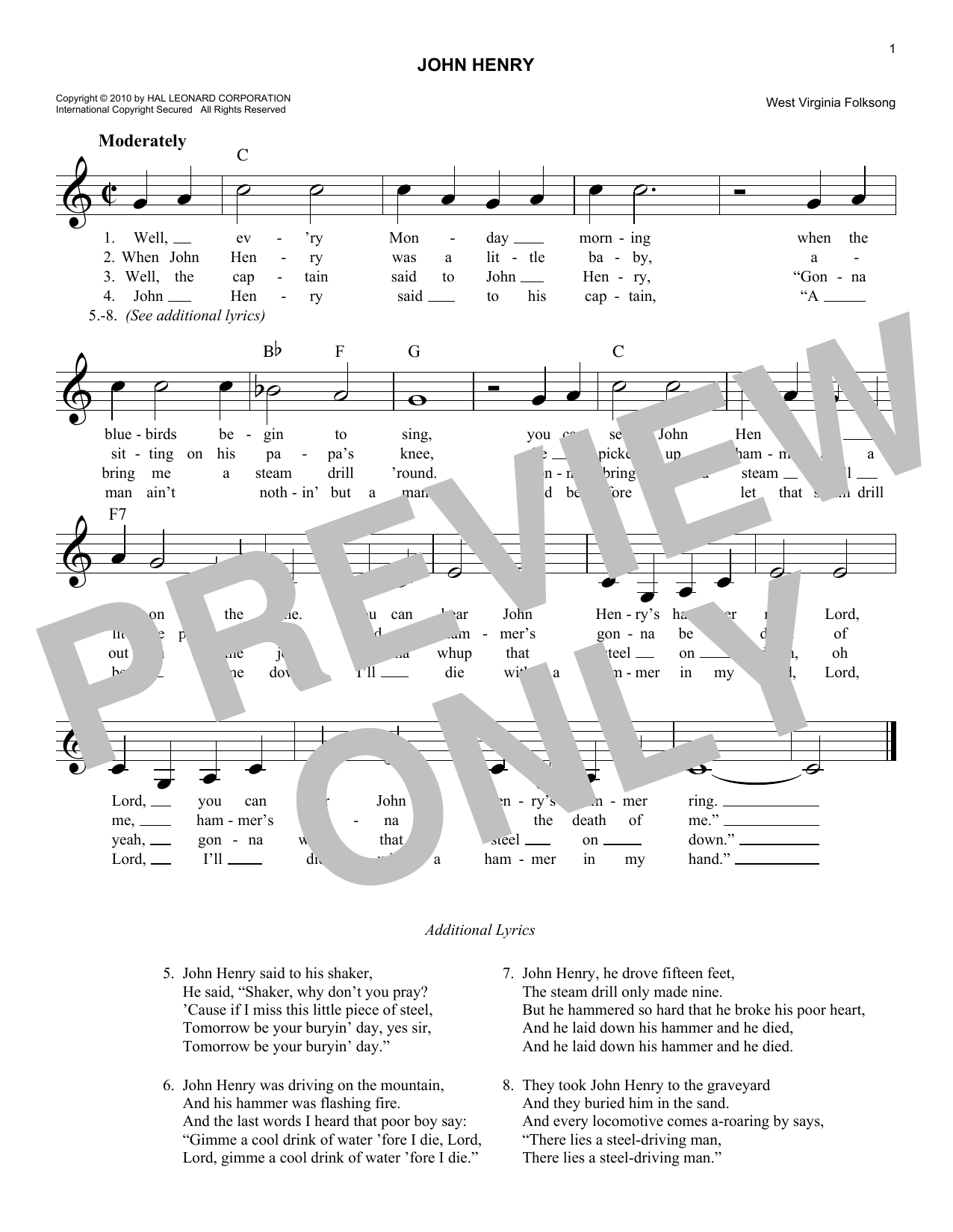 West Virginia Folksong John Henry Sheet Music Notes & Chords for Real Book – Melody, Lyrics & Chords - Download or Print PDF
