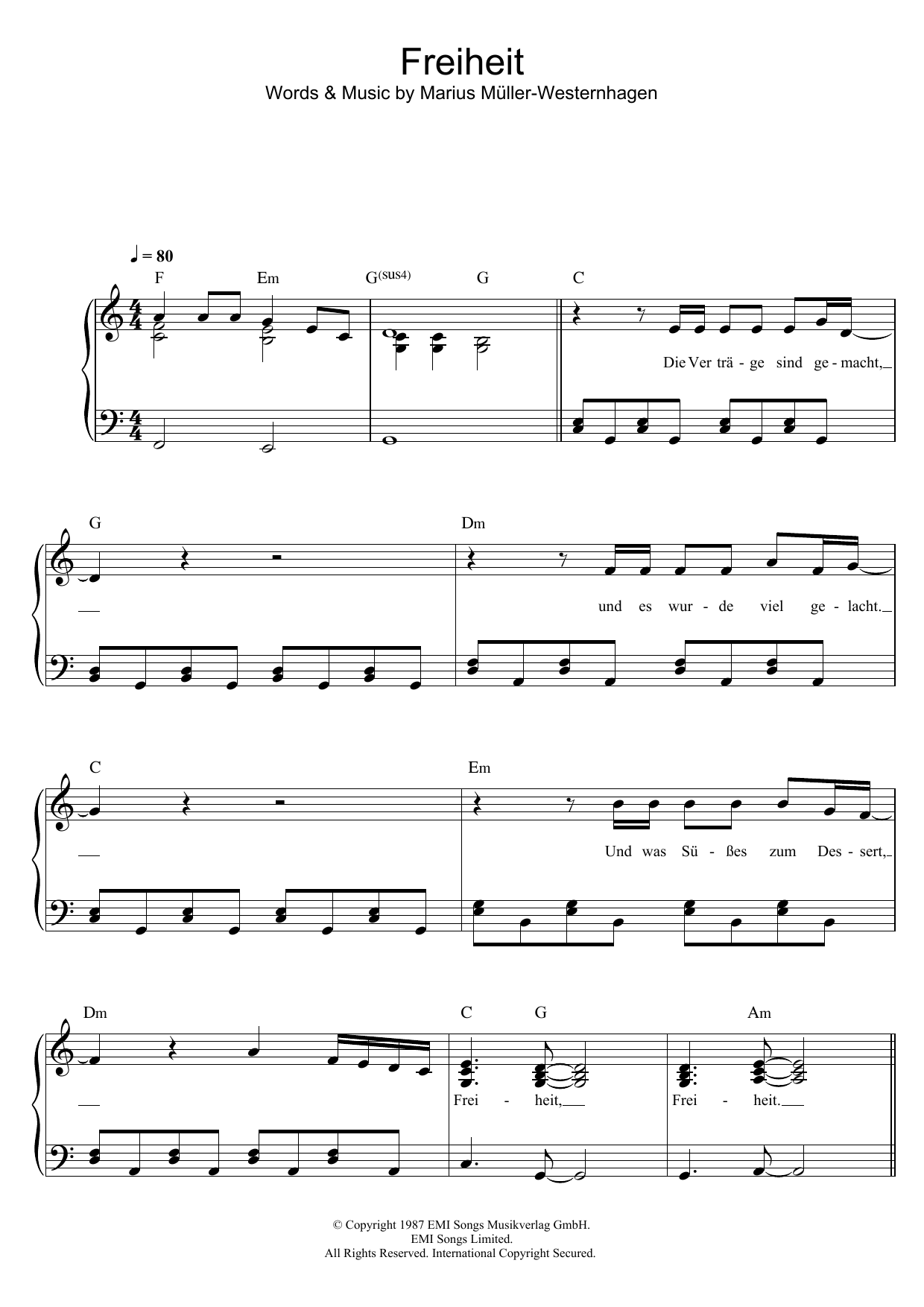 Marius Müller-Westernhagen Freiheit Sheet Music Notes & Chords for Piano & Vocal - Download or Print PDF