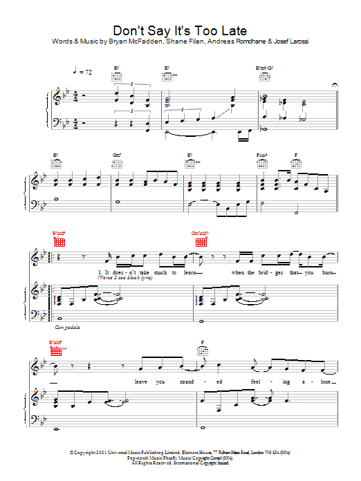 Westlife Don't Say It's Too Late Sheet Music Notes & Chords for Piano, Vocal & Guitar - Download or Print PDF