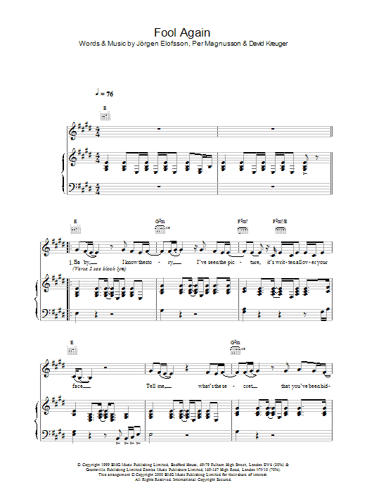 Westlife Fool Again Sheet Music Notes & Chords for Piano, Vocal & Guitar - Download or Print PDF