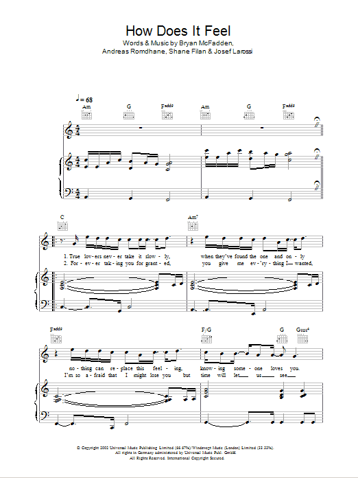 Westlife How Does It Feel Sheet Music Notes & Chords for Piano, Vocal & Guitar - Download or Print PDF