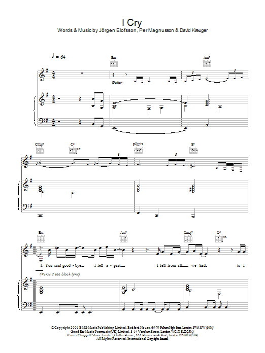 Westlife I Cry Sheet Music Notes & Chords for Piano, Vocal & Guitar - Download or Print PDF