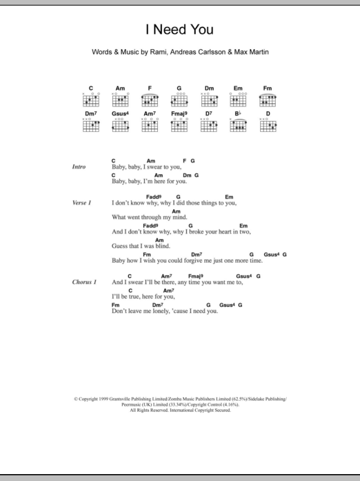 Westlife I Need You Sheet Music Notes & Chords for Lyrics & Chords - Download or Print PDF