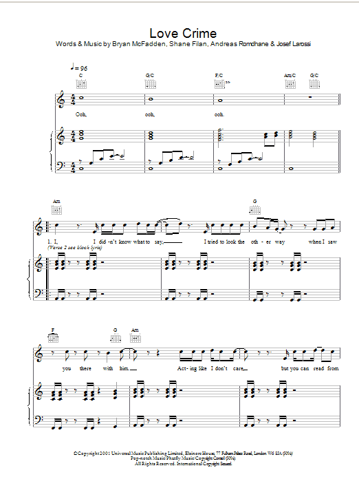 Westlife Love Crime Sheet Music Notes & Chords for Piano, Vocal & Guitar - Download or Print PDF