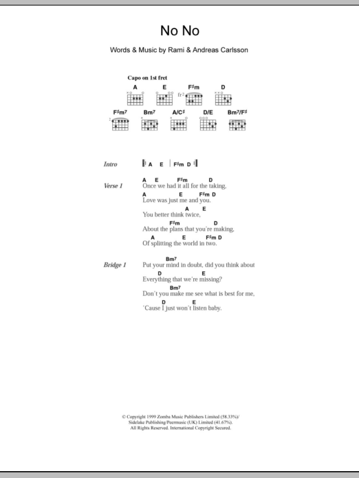 Westlife No No Sheet Music Notes & Chords for Lyrics & Chords - Download or Print PDF